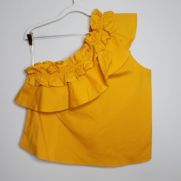 7 FOR ALL MANKIND Yellow One Shoulder Sleeveless Ruffle Top Sz Large L - Picture 1 of 7